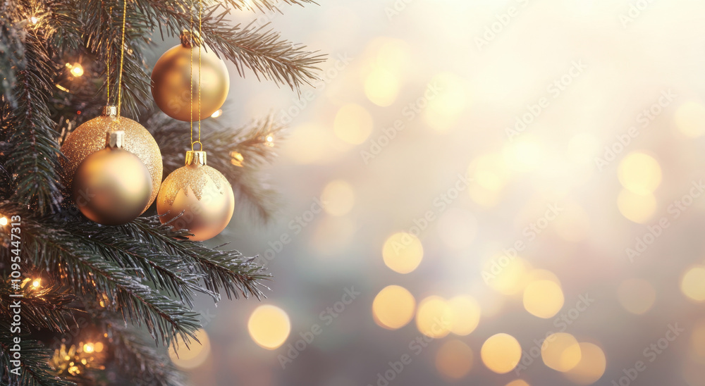 Gold Christmas tree ornaments hang from the branches of a Christmas tree, with blurred lights in the background.