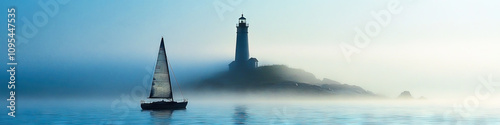 Wallpaper Mural A misty morning on the water, as a small sailboat glides through the fog, revealing a hauntingly beautiful lighthouse in the distance. Torontodigital.ca