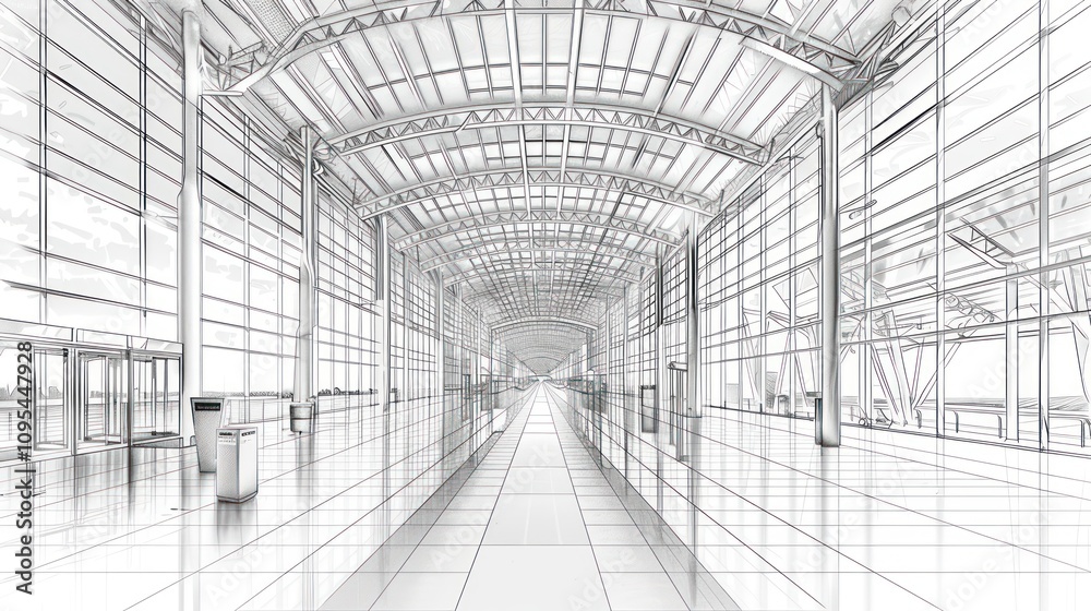 Architectural sketch of a modern, spacious airport terminal hallway with glass walls and a high ceiling. Architectural sketch of a modern, spacious airport terminal hallway with glass walls and a high ceiling.