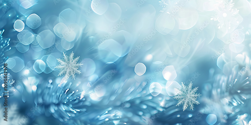 Sparkling Winter Wonderland with Snowflakes and Bokeh Effects. Concept of winter serenity, festive atmosphere, seasonal elegance, and holiday magic. Background. Copy space