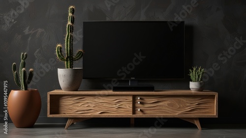 Modern living room with TV, wooden console, and cacti. photo