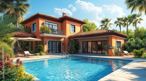 Wallpaper Mural Mediterranean-style villa with private pool, lush greenery, tropical palm trees, sunny terrace, luxurious backyard retreat, elegant architecture, serene outdoor living, real estate luxury Torontodigital.ca