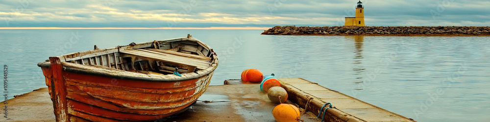 Obraz premium Nautical Adventure Awaits: An old wooden boat docked at a pier, waiting for its next journey, surrounded by colorful buoys and a picturesque lighthouse in the distance.