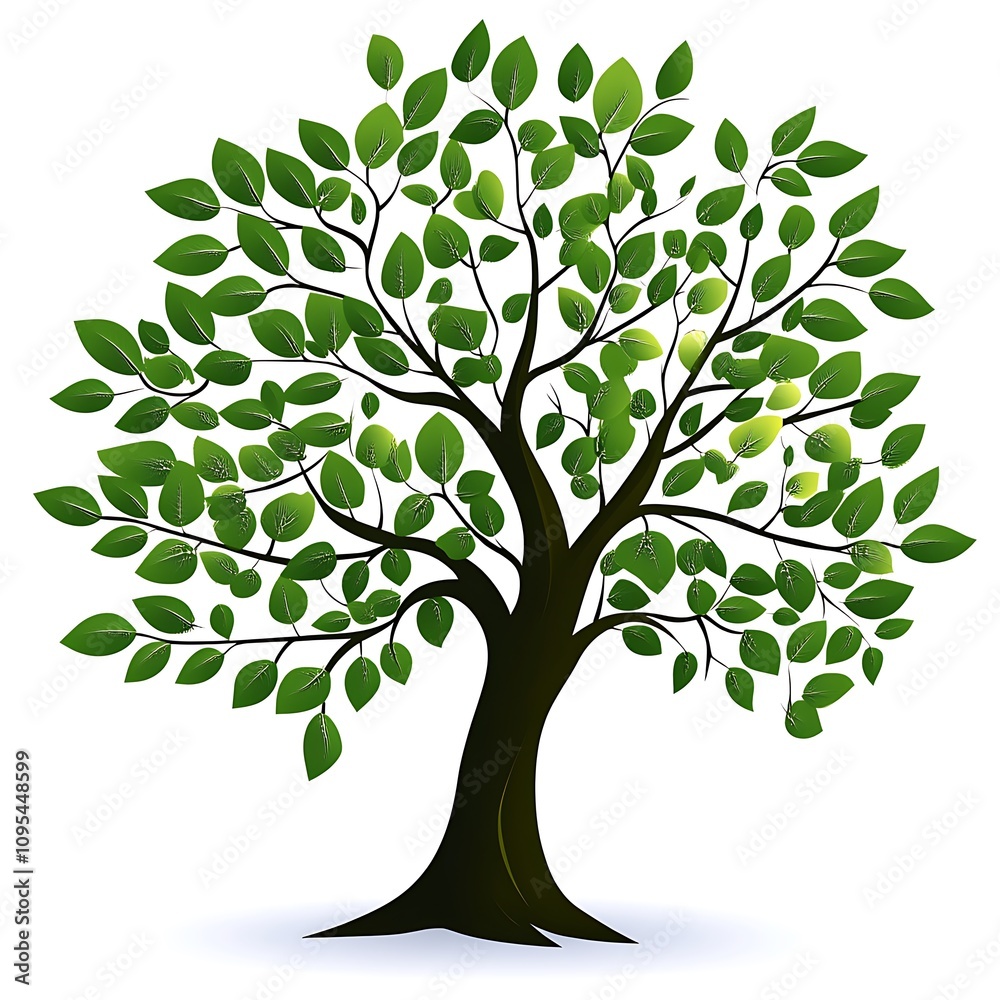 Obraz premium A tree with vibrant green leaves, positioned in the center of a white background. The depiction includes a clear view of the tree's trunk and leafy crown