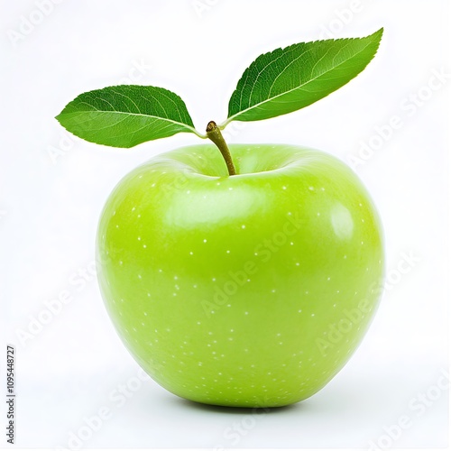 A green apple with a leaf, centrally isolated against a white background. The photo captures the apple's texture and the leaf's natural freshness