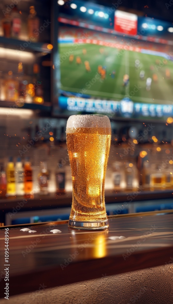 Close up of a frosty beer glass on bar top with soccer matches playing on blurred tv screens Close up of a frosty beer glass on bar top with soccer matches playing on blurred tv screens