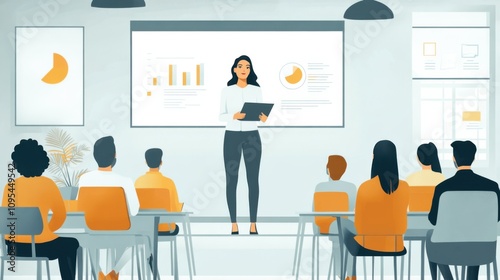 Illustrated businesswoman presenting data on whiteboard to diverse audience, teamwork, education, seminar, professional learning, corporate presentation, and business statistics analysis