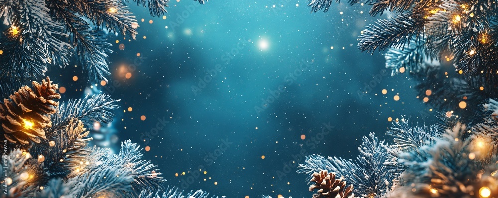 Fototapeta premium Christmas tree branches decorated with fairy lights and pine cones creating a festive frame