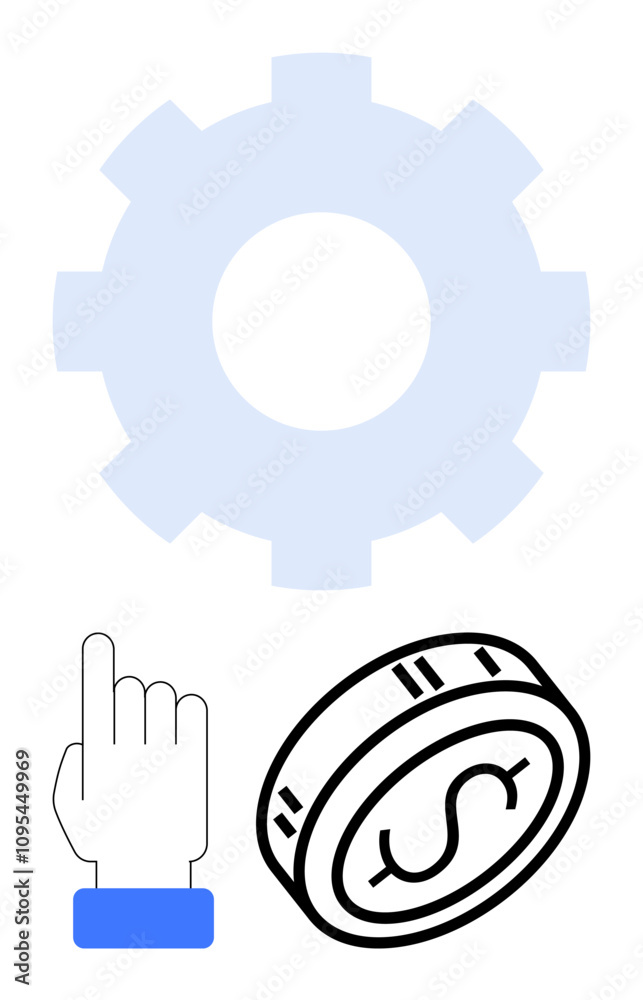 Hand pointing at gear and coin dollar symbol on coin. Ideal for business processes, economics, decision-making, investment, financial growth, strategic planning, operations optimization. Line Hand pointing at gear and coin dollar symbol on coin. Ideal for business processes, economics, decision-making, investment, financial growth, strategic planning, operations optimization. Line