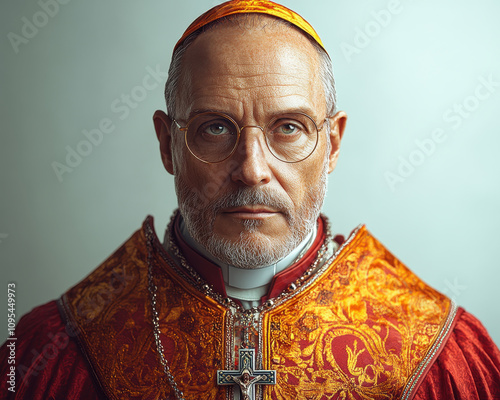 Elderly Clergyman in Ornate Vestments with Glasses and Cross on Light Background