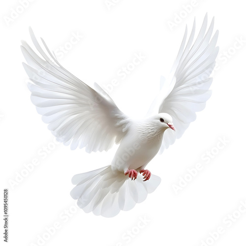 white dove flying spreading wings on transparent background