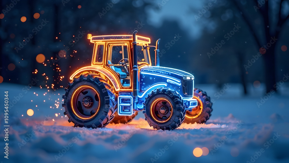Abstract sparkling blue tractor made of golden and blue lights and bokeh. Banner with futuristic blue Christmas tractor on snowy background with space for text. Abstract sparkling blue tractor made of golden and blue lights and bokeh. Banner with futuristic blue Christmas tractor on snowy background with space for text.
