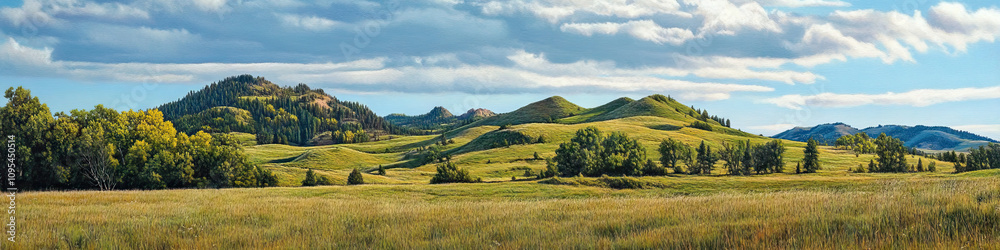Fototapeta premium Majestic Mounds: Grand hills, towering above the landscape, dotted with majestic trees and wildlife.