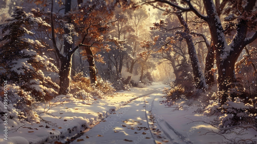 A serene winter landscape with snow-covered trees and a peaceful path illuminated by sunlight. A serene winter landscape with snow-covered trees and a peaceful path illuminated by sunlight.