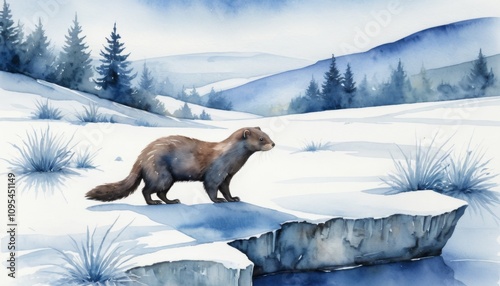 Watercolor illustration of a mink in a snowy winter landscape amidst pine trees and mountains