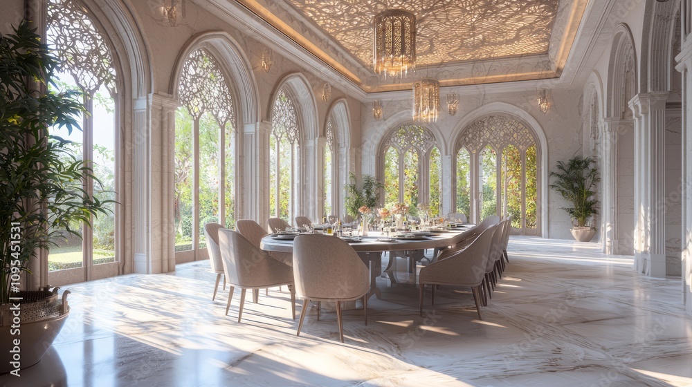 Obraz premium Luxurious Arabian Nights Dining Experience with Traditional Calligraphy Ceilings in 3D Render Digital Artwork