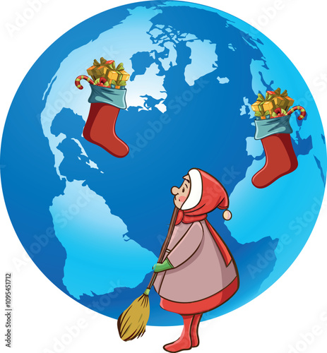 Befana delivering gifts in christmas socks flying around the world