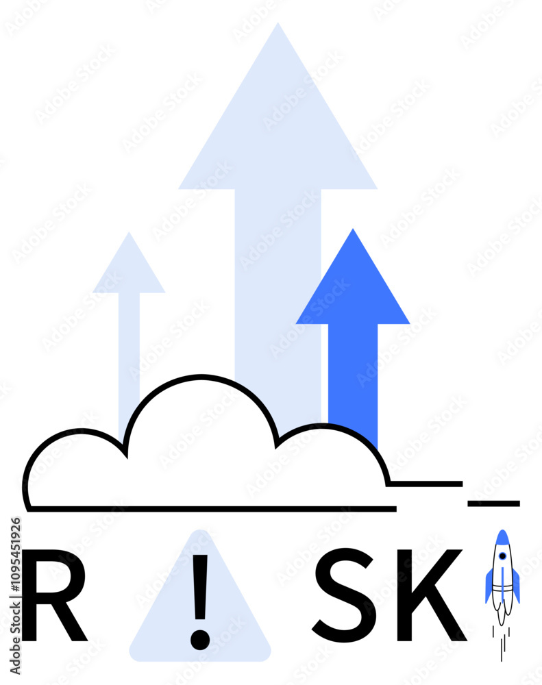 Upward-pointing arrows emerging from cloud with rocket icon, depicting risk and growth potential. Ideal for business strategy, finance, investment, success, innovation, leadership startups. Line Upward-pointing arrows emerging from cloud with rocket icon, depicting risk and growth potential. Ideal for business strategy, finance, investment, success, innovation, leadership startups. Line