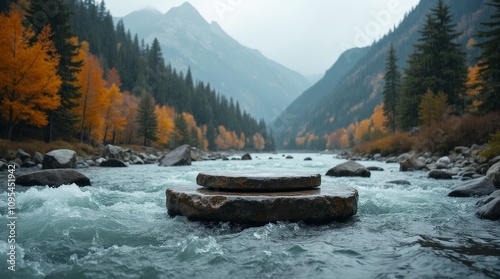 Stone Podium in a Mountain River During Autumn