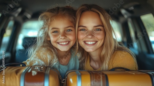 Mother and daughter smiling in a car with travel suitcases, joyful road trip, family bonding, happy vacation, exciting journey, cheerful mood, fun adventure, warm memories. photo