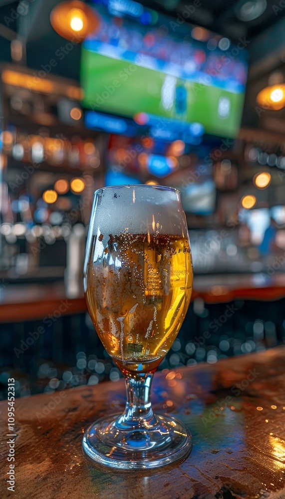 Chilled beer glass on bar top with vibrant golden liquid and soft soccer matches on tv screens Chilled beer glass on bar top with vibrant golden liquid and soft soccer matches on tv screens
