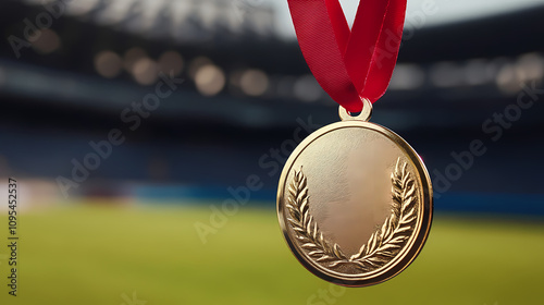 Gold Medal with Red Ribbon Hanging in the Center of a Sports Stadium, Symbolizing Victory and Achievement Under Stadium Lights
 photo