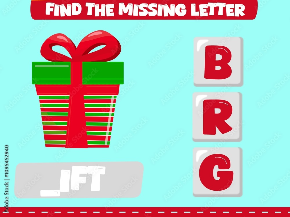 Fototapeta premium Find missing letter. Cute cartoon gift box , kindergarten worksheets,Educational spelling game for kids.