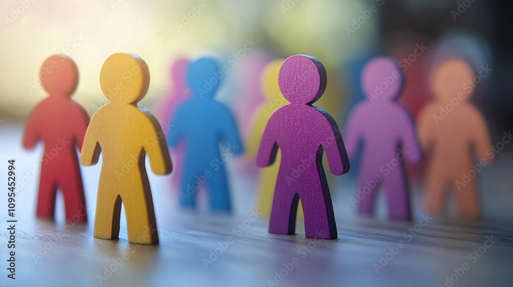 Colorful wooden figures representing diversity and inclusion standing together Colorful wooden figures representing diversity and inclusion standing together