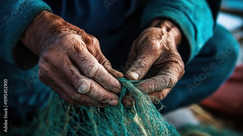 The weathered hands of a fisherman mending nets, Reflecting the vanishing livelihoods in coastal communities, photography style