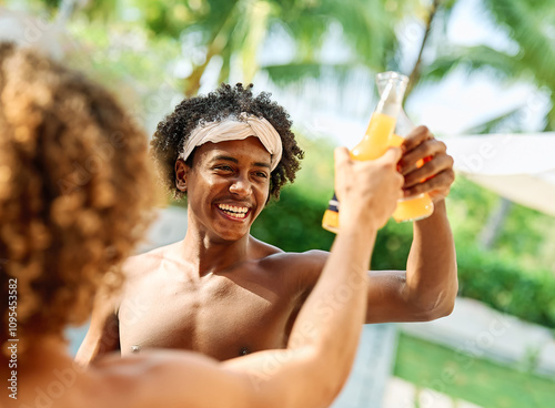 summer drink bottle celebration party friendship fun woman alcohol toast  man friend beer cheer holiday vacation happy pool enjoyment drinking beverage photo