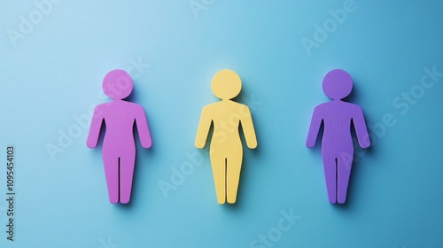 Wallpaper Mural Three colorful wooden figures representing diversity and inclusion on blue background Torontodigital.ca
