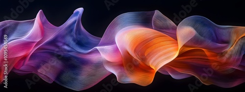 A close-up of an abstract sculpture made from flowing, colorful shapes, set against a dark background