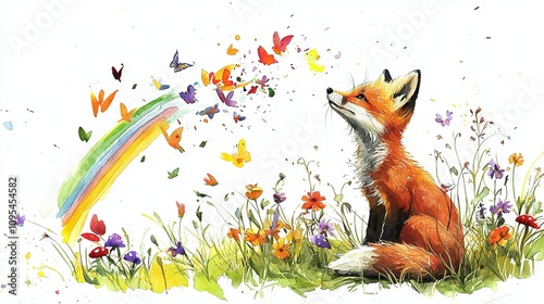 Watercolor painting of a fox in a flower field with a rainbow in the sky