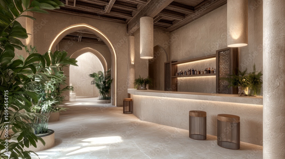 Fototapeta premium Luxurious Modern Arabian Bar Interior with Elegant Stools and Decorative Shelving - 3D Render Digital Artwork