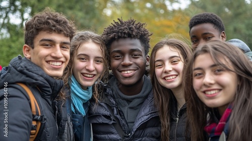 Happy diverse group of teenagers smiling for a selfie outdoors.