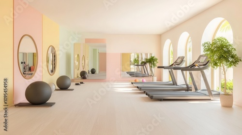 Contemporary Arabian-Inspired Islamic Interior Design of Energetic Home Gym with Colorful Decor and Modern Equipment | 3D Render photo