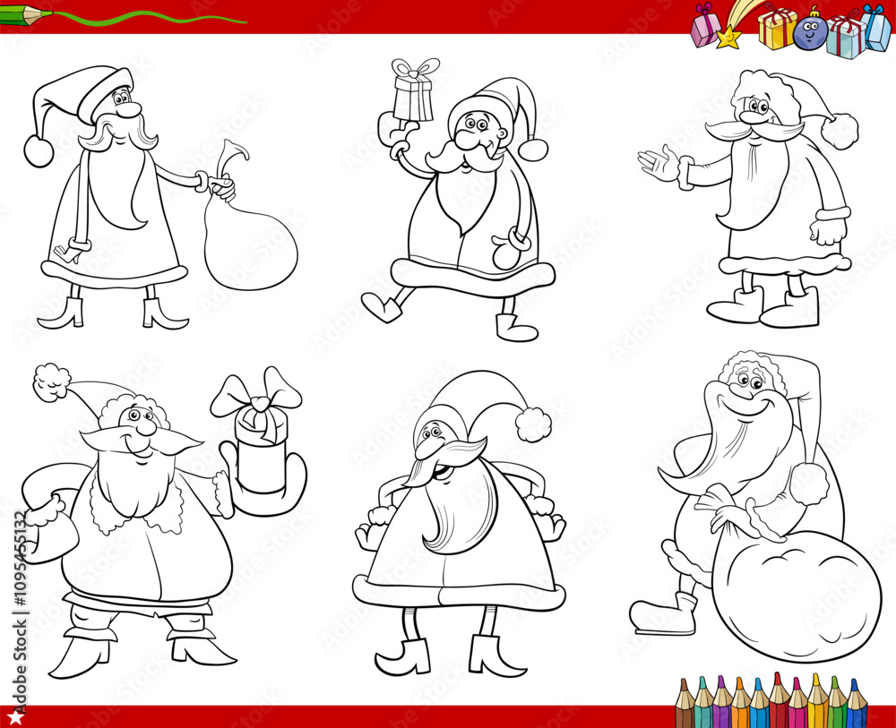 cartoon Santa Clauses on Christmas time with gifts coloring page cartoon Santa Clauses on Christmas time with gifts coloring page