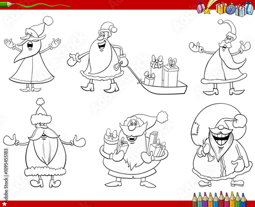 cartoon Santa Clauses with Christmas gifts coloring page