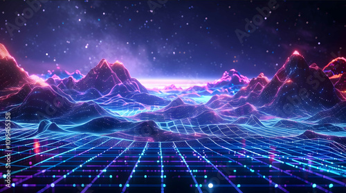 An expand digital mountains landscape with a grid pattern illuminated by blue and purple neon lights set against a starry night sky tron style