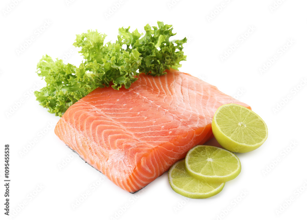 Piece of fresh salmon, lime and lettuce isolated on white Piece of fresh salmon, lime and lettuce isolated on white
