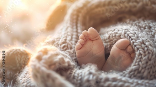 Close up of a child s feet wrapped in a soft woolen scarf with gentle light creating a dreamy effect photo