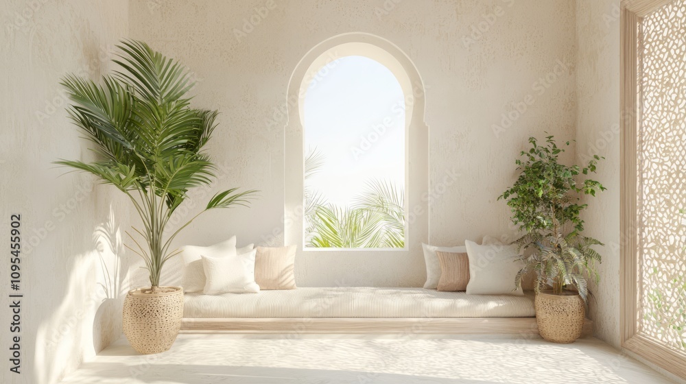 Luxurious Arabian Balcony Retreat - Cozy 3D Interior Design with Plush Seating, Textiles, and Potted Plants for Morning Coffee and Evening Relaxation Luxurious Arabian Balcony Retreat - Cozy 3D Interior Design with Plush Seating, Textiles, and Potted Plants for Morning Coffee and Evening Relaxation