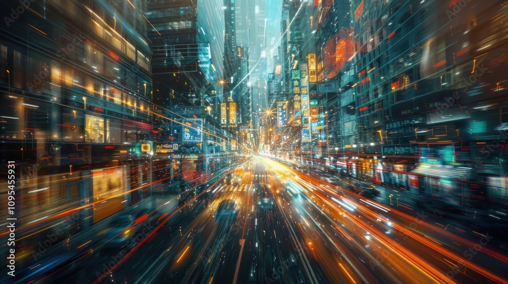 A dynamic cityscape with vibrant lights and motion blur, depicting urban energy. A dynamic cityscape with vibrant lights and motion blur, depicting urban energy.