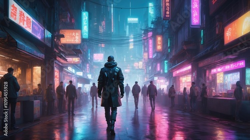 Cyberpunk Street Scene with Neon Signs and Figures