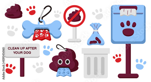 Holder, box with Bags for pet Poop. Set of items Clean up after dog. Dispenser with disposable Packets. Sign with crossed out shit. Throw away waste in trash can. Bone container. Vector illustration