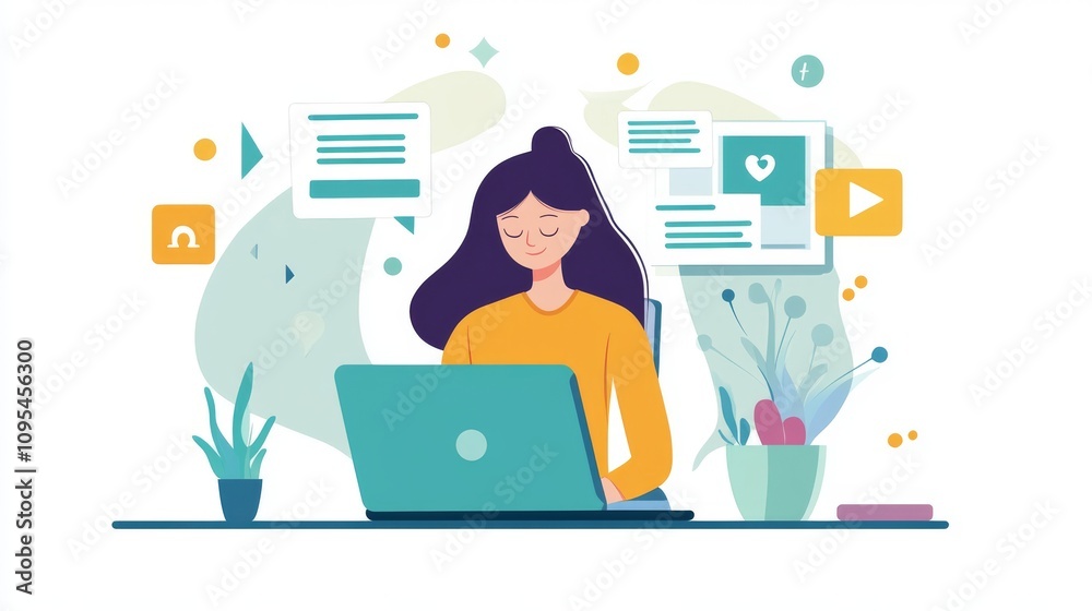 Social media content creation in action: Woman reading online blog in a professional office environment Social media content creation in action: Woman reading online blog in a professional office environment