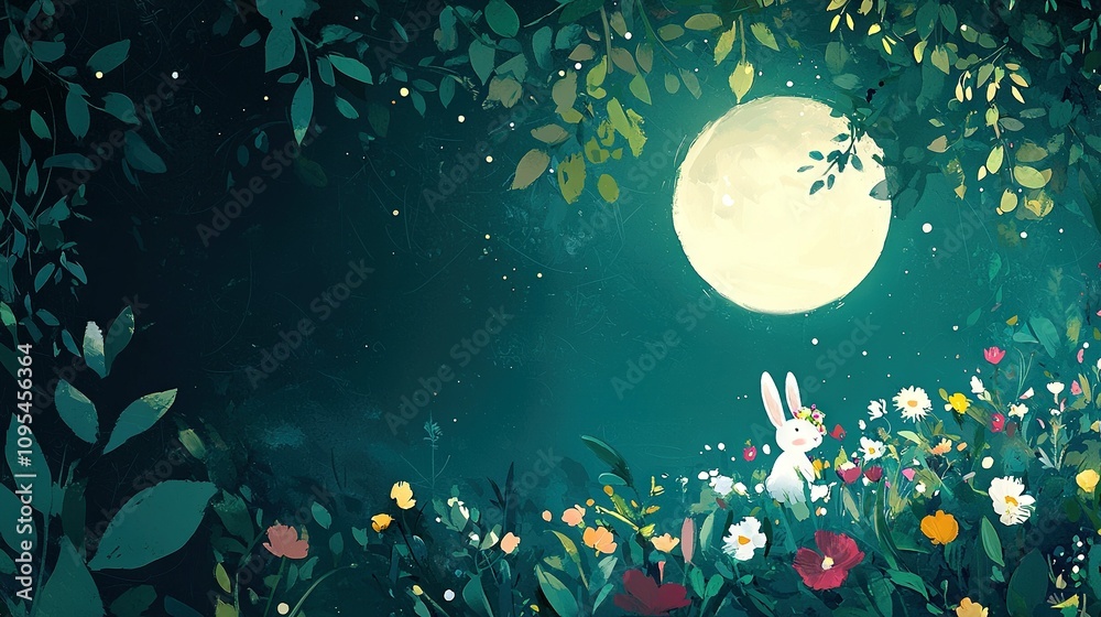 A painting of a rabbit amidst a field of blossoms, bathed in the soft glow of a full moon A painting of a rabbit amidst a field of blossoms, bathed in the soft glow of a full moon
