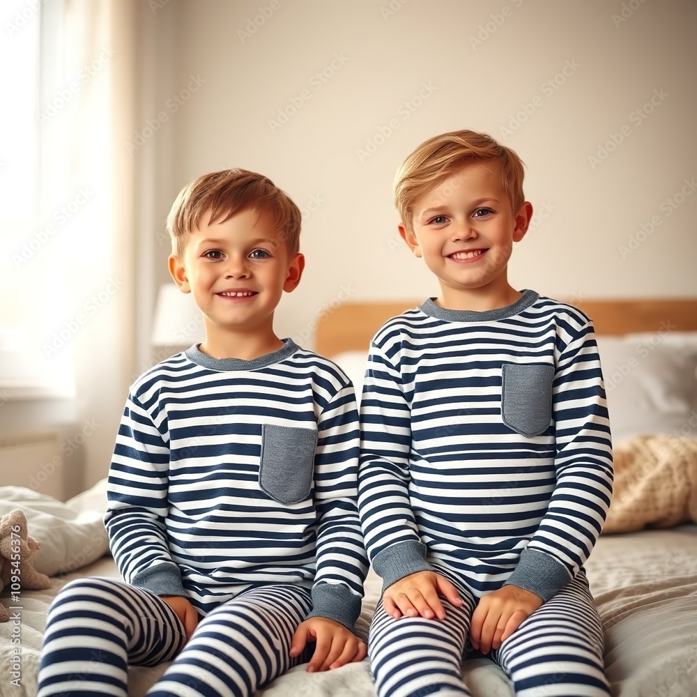 Two boys in cute identical striped pajamas are sitting on the bed in the bedroom Two boys in cute identical striped pajamas are sitting on the bed in the bedroom