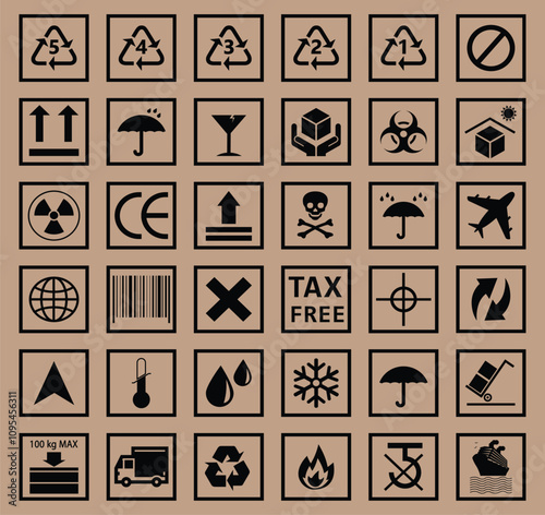 Vector packaging symbols on vector cardboard background.