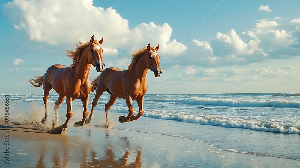 Horses running freely on scenic beach with glowing evening sky images Horses running freely on scenic beach with glowing evening sky images